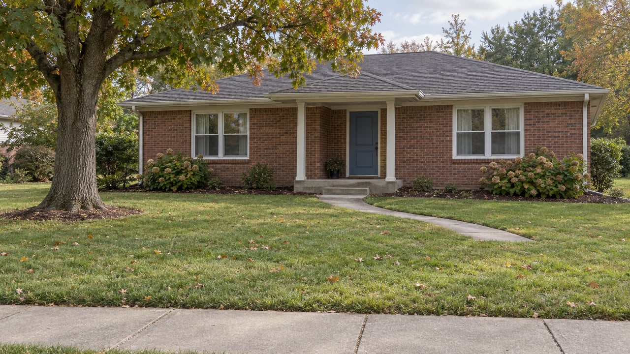 A brick ranch behind a deep autumn lawn, with a concrete sidewalk, covered entry and mature oak tree.
