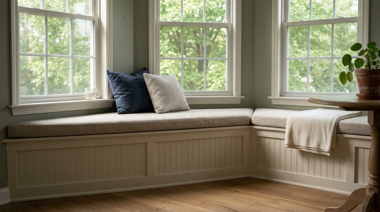 Breakfast nook with a linen-cushioned bench, navy and greige pillows, a small plant, and a mug on the windowsill.