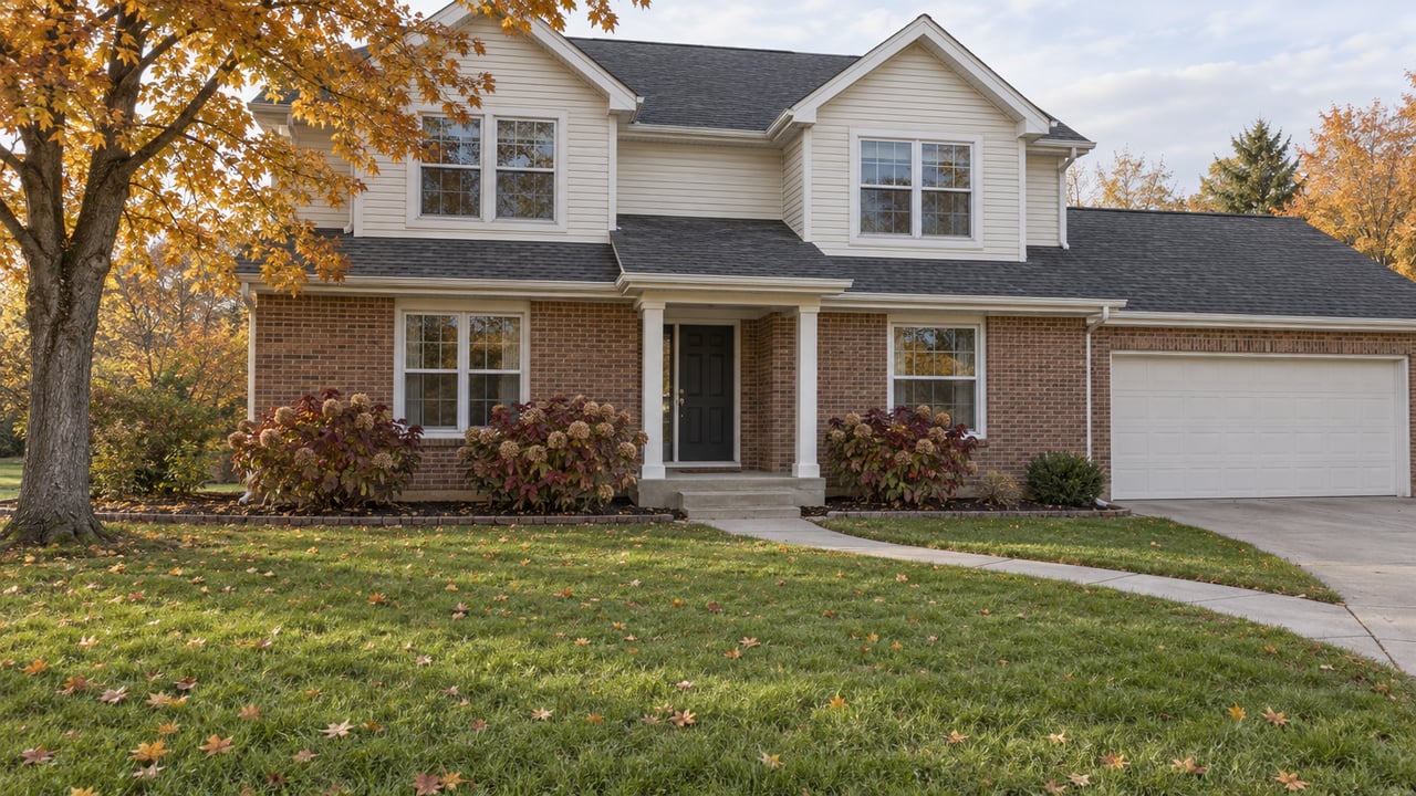 Brick-and-ivory-sided two-story home beyond a deep autumn lawn, with an amber maple and curved concrete walk.