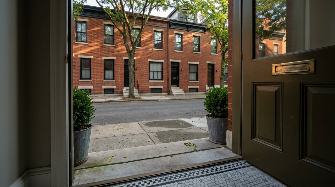 Rowhouse doorway frames an empty tree-lined street, with limestone steps and sunlit brick facades.
