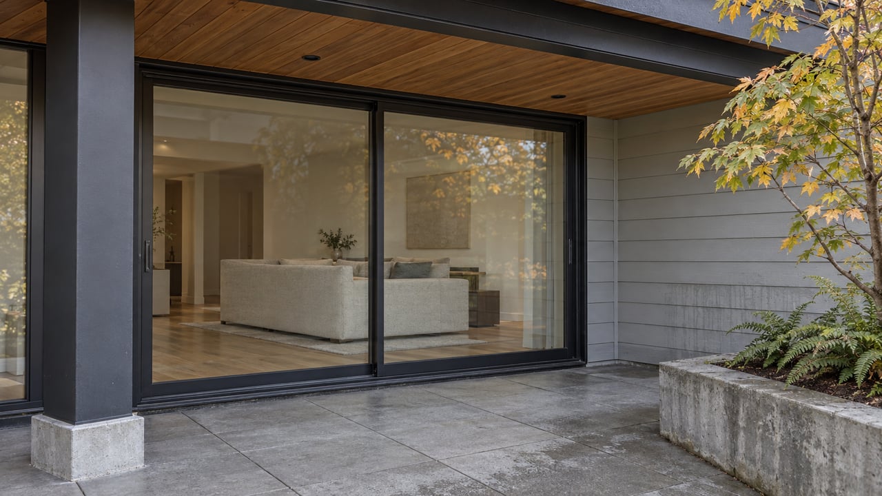 Recessed residential terrace with cedar soffit, black-framed glass doors, gray siding and a raised concrete planter holding vine maple and sword ferns.