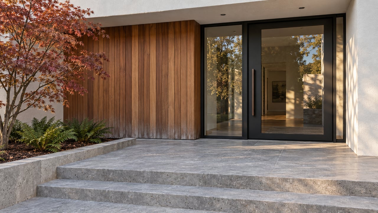 Recessed stucco and cedar home entrance with steel-framed glass, limestone steps and a copper-leaved Japanese maple.