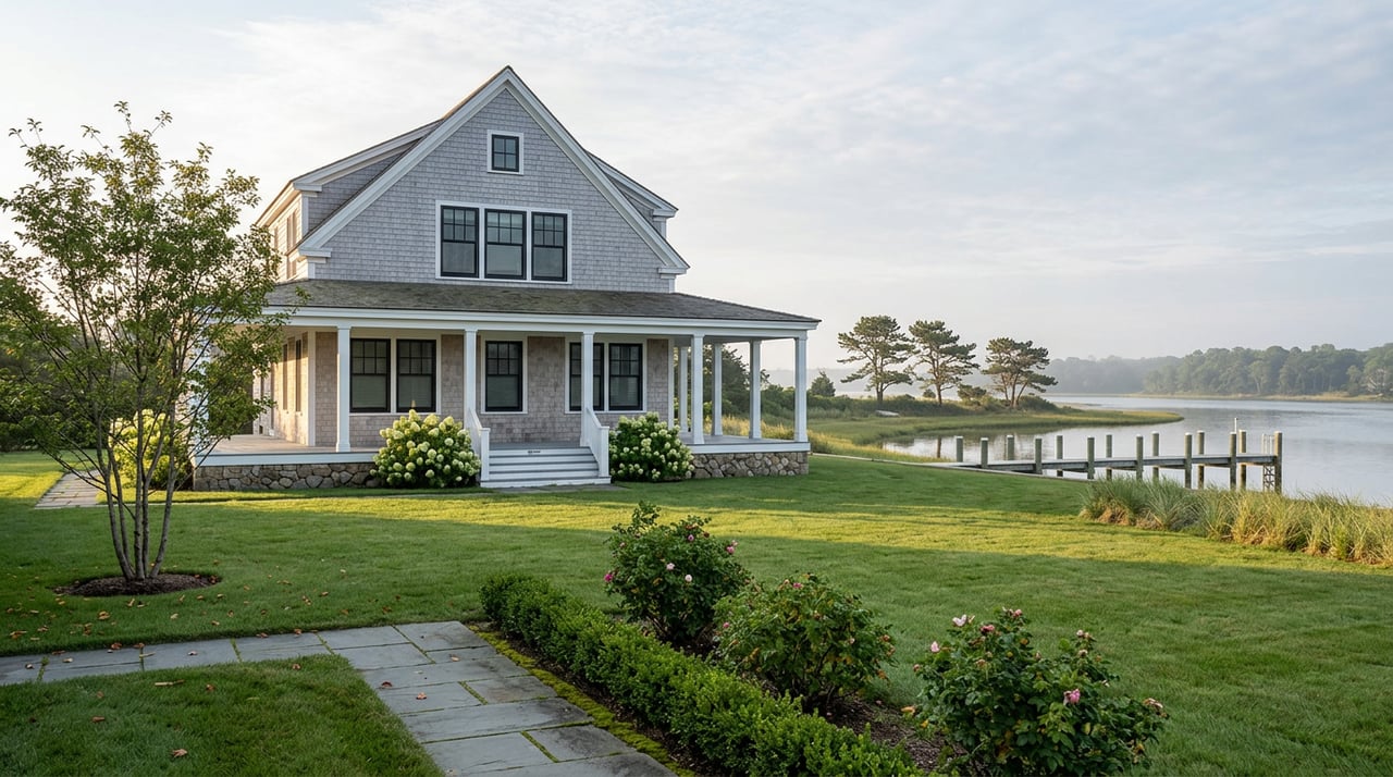Shingle-sided cottage with wraparound porch overlooks a lawn, stone path, and tidal inlet dock.
