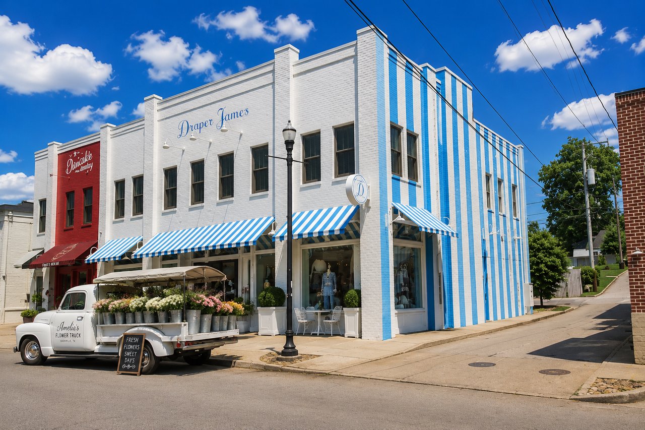 Draper James storefront and flower truck in Nashville’s 12 South neighborhood
