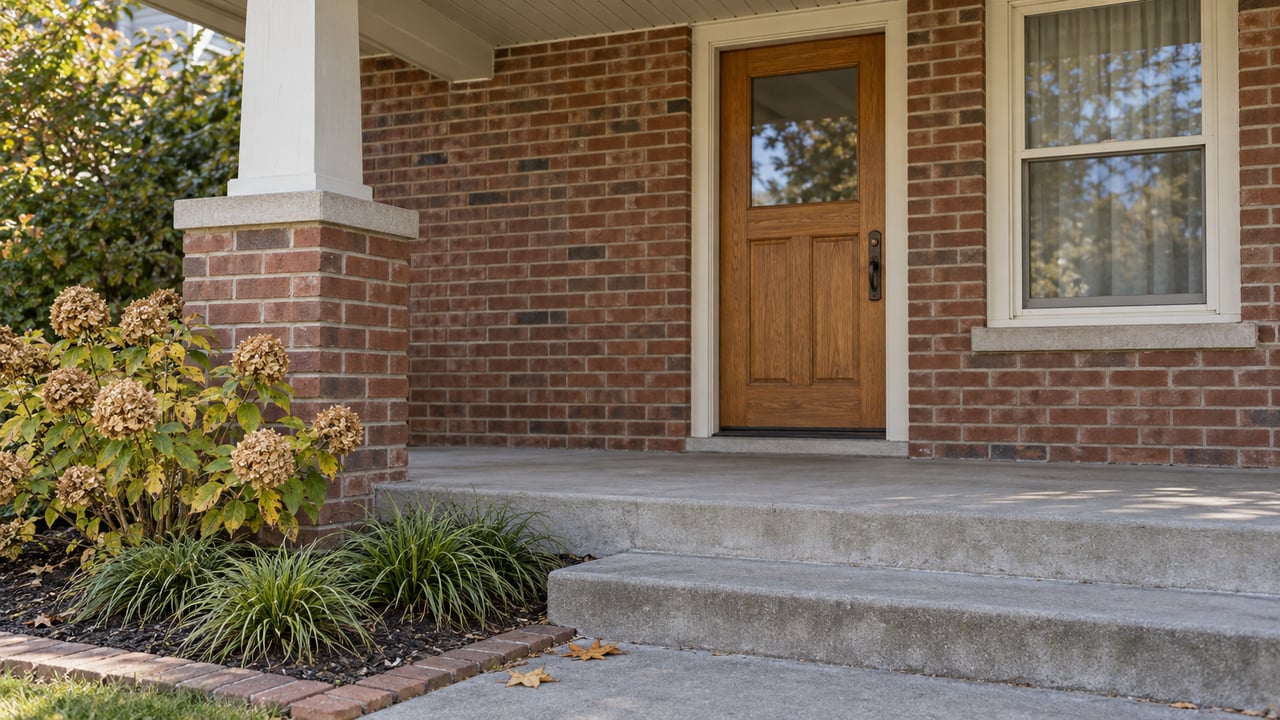 Brick house entry with an oak door, cream porch trim, concrete steps, and autumn hydrangea.