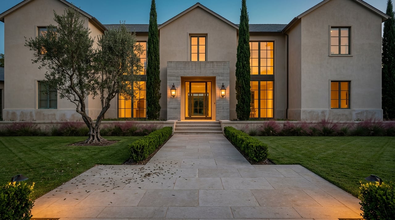 Two-story stucco estate with amber-lit bronze windows, lantern sconces, and a limestone path flanked by lawns and cypress trees.