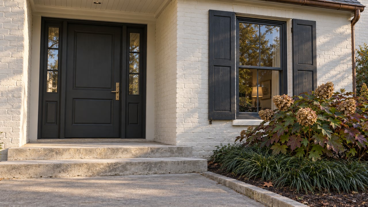 White-painted brick home with a charcoal entry door, matching sidelights, dark window shutters, limestone steps, and autumn oakleaf hydrangea.