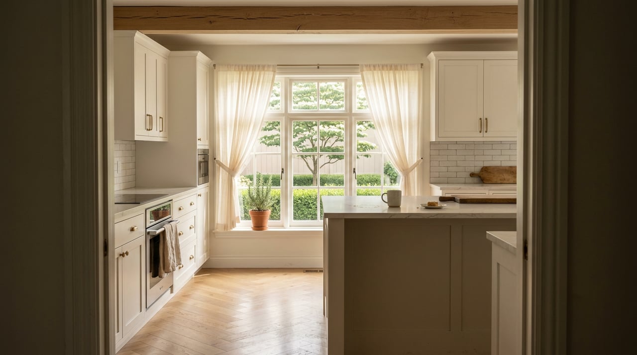 White kitchen with a quartz island, herringbone oak floor, and garden visible through a curtained window.