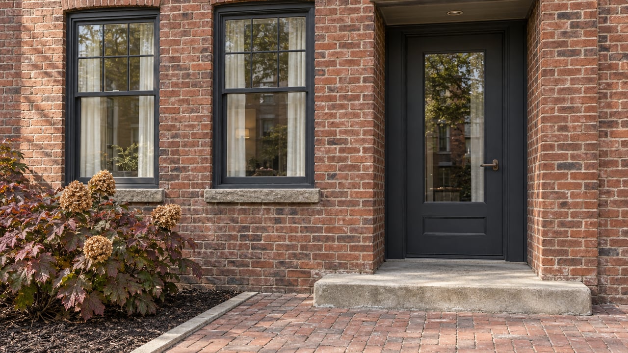 A worn red-brick loft entry with tall steel-framed windows, a glazed wood door, brick paving and burgundy oakleaf hydrangea.