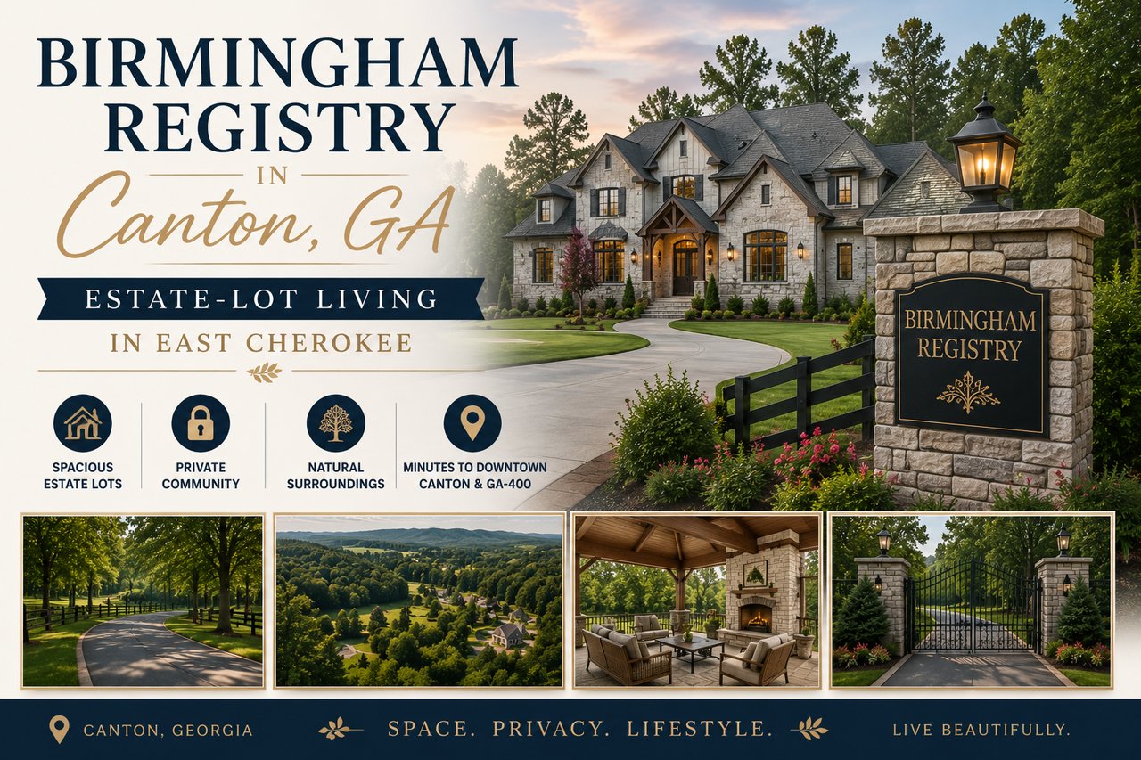 Luxury estate homes on large lots in Birmingham Registry, an East Cherokee community in Canton, Georgia.
