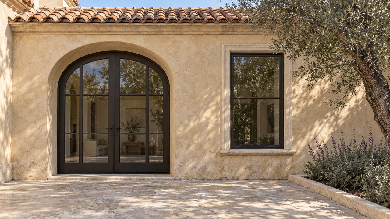 Morning light crosses a sandy stucco courtyard facade with arched bronze glass doors, a clay tile roof, limestone paving and a mature olive tree.