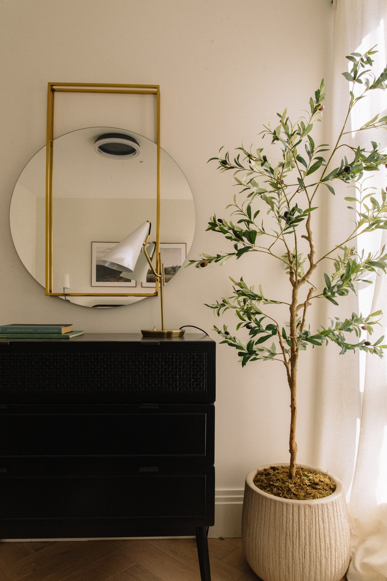 Furnished interior with a potted olive tree beside a black cabinet and brass-framed round mirror.