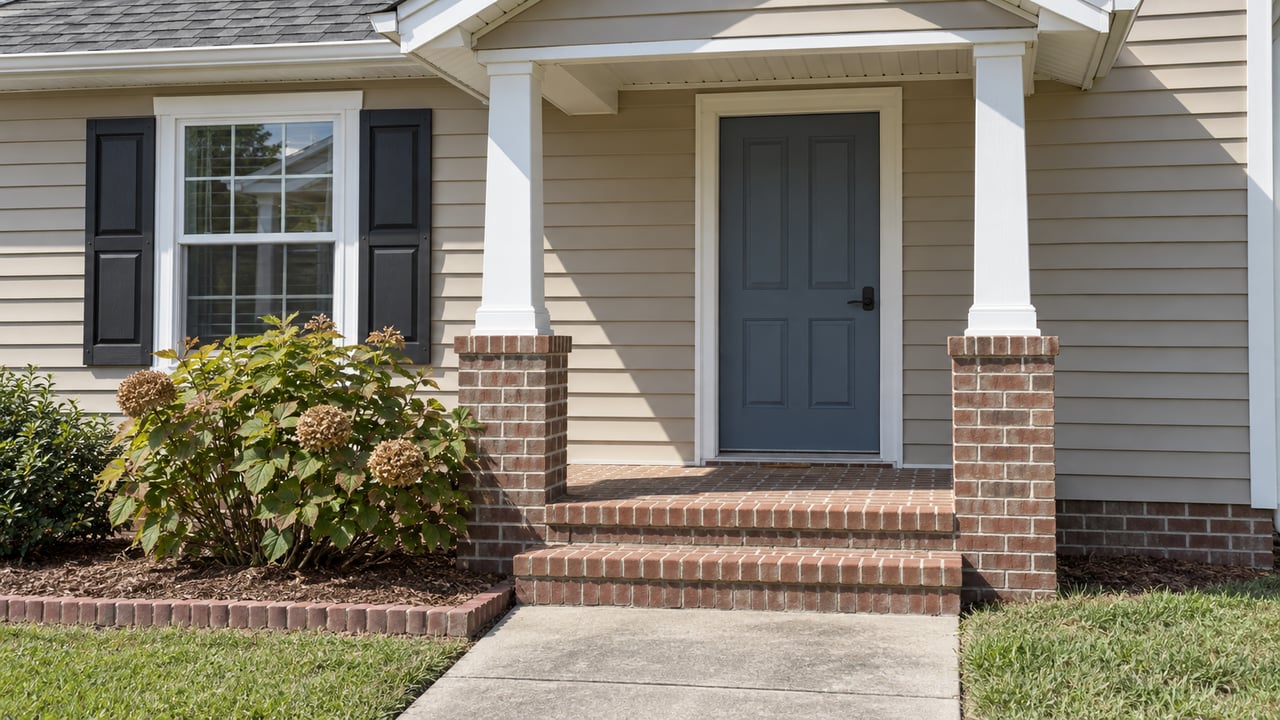 Tan-sided home entry with a blue-gray door, white porch posts, brick steps and an oakleaf hydrangea in bright daylight.