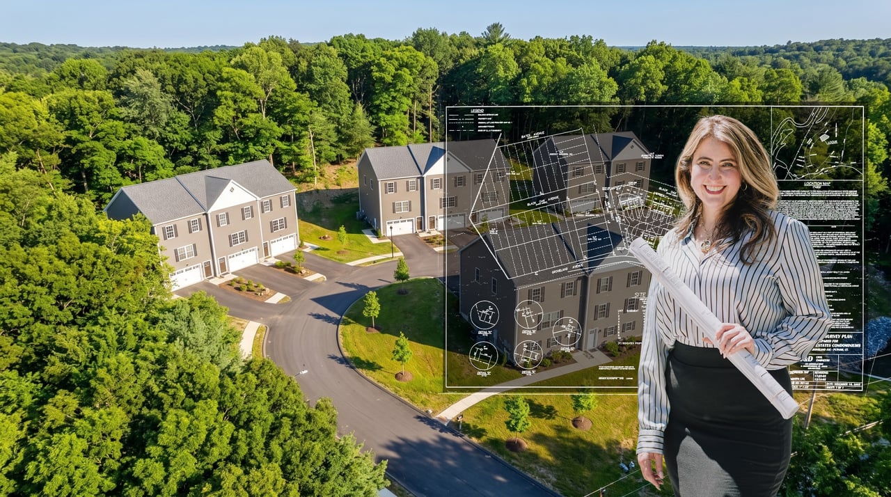 Aerial view of wooded townhouse development with site plans overlaid and a woman holding blueprints.