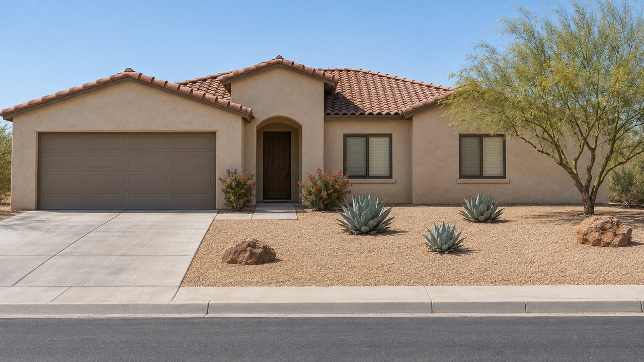 Single-story stucco home with clay roof tiles, a recessed arched entrance, and a deep gravel yard with a sculptural green-barked tree and agaves.