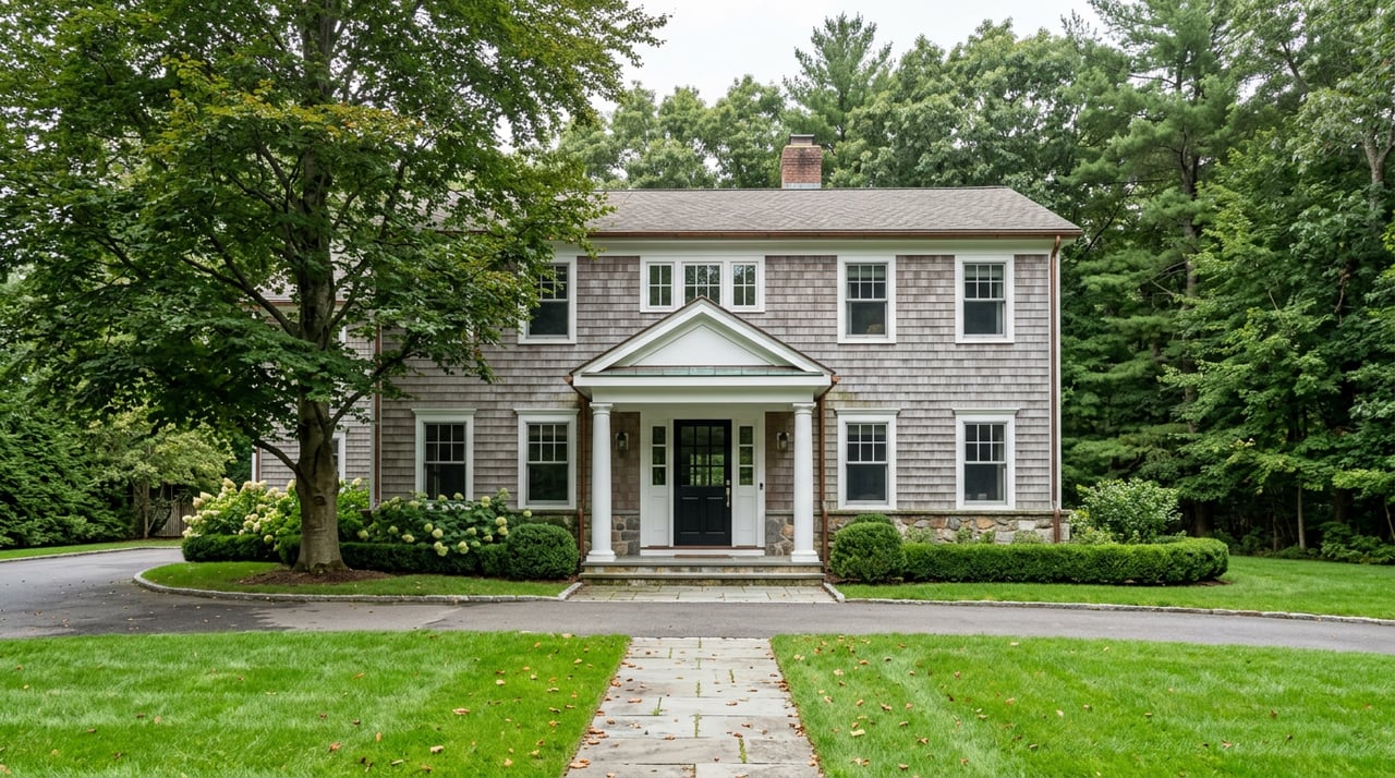 Two-story gray cedar-shingle house with columned portico, bluestone walkway, broad lawn, and mature beech tree.