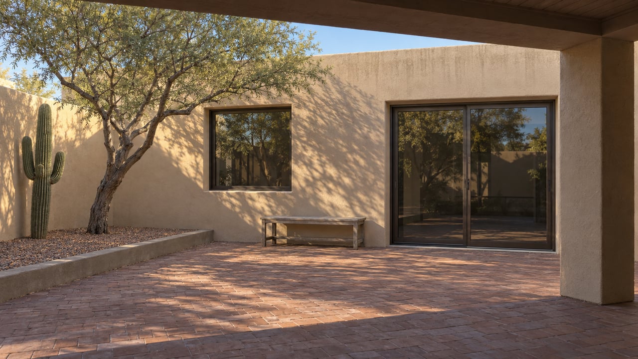 A sand-colored stucco courtyard with bronze-framed glass doors, weathered brick paving, a teak bench, an ironwood tree and a two-armed saguaro.