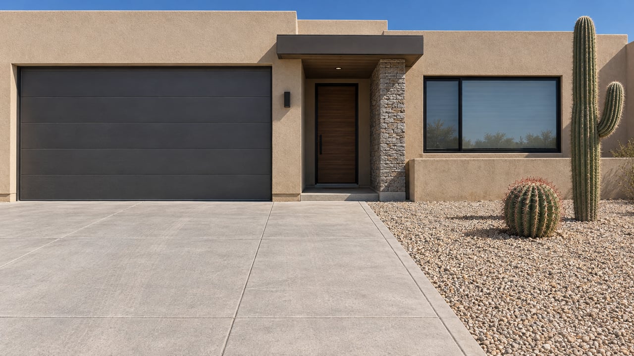 Sand-colored stucco home with a tall graphite garage door, recessed entry and sculptural cacti in an edged gravel bed under clear morning light.