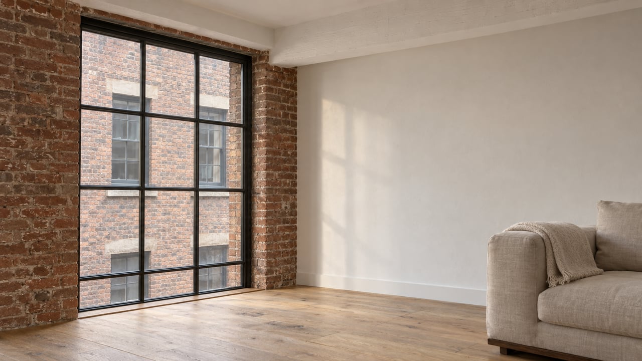 Tall gridded window with aged brick reveals lights a pale oak loft floor beside an oatmeal linen sofa.