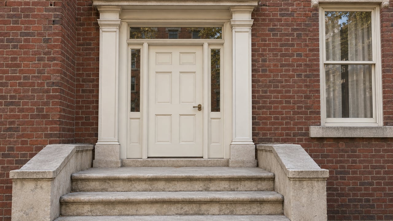 Ivory paneled residential door with paired sidelights, classical trim and worn limestone steps set into reddish-brown brick.