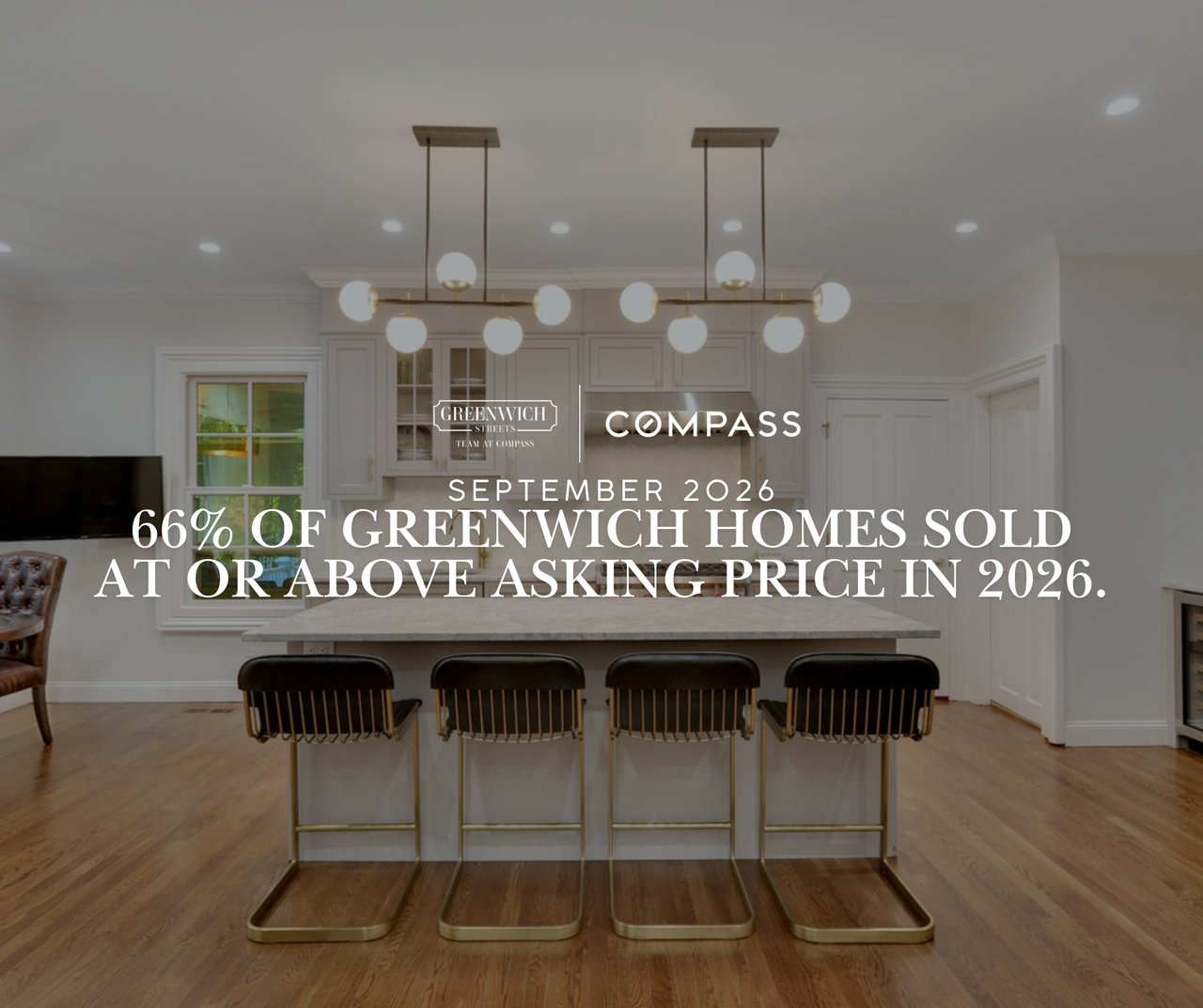 Luxury kitchen interior of a Greenwich CT home with marble island and gold fixtures. Greenwich Streets 2026 guide on whether Greenwich is a buyer's or seller's market.