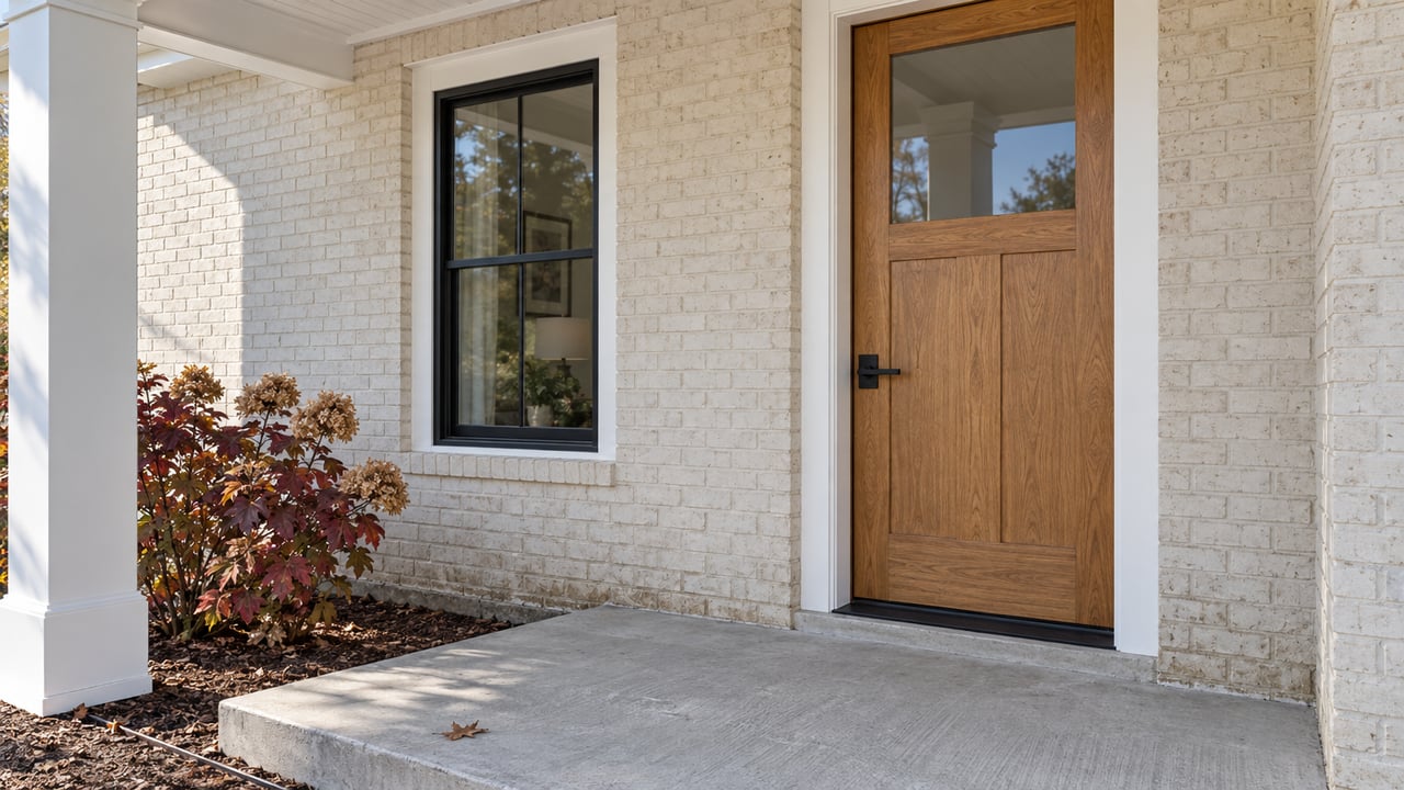 Sunlit covered entry with pale brick, a warm wood door, black-framed window and burgundy oakleaf hydrangea.