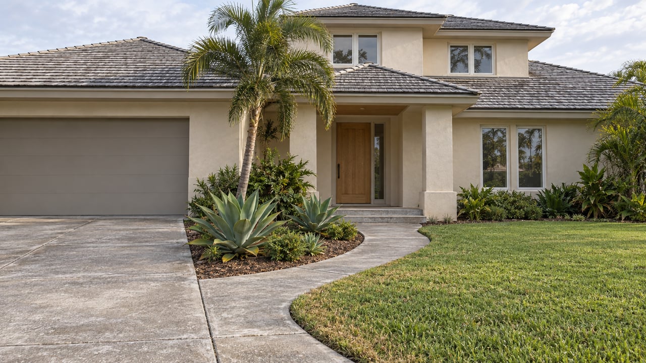 An ivory stucco home with weathered cedar roof shingles, a covered oak-door entry, and a palm and agaves beside a concrete approach.
