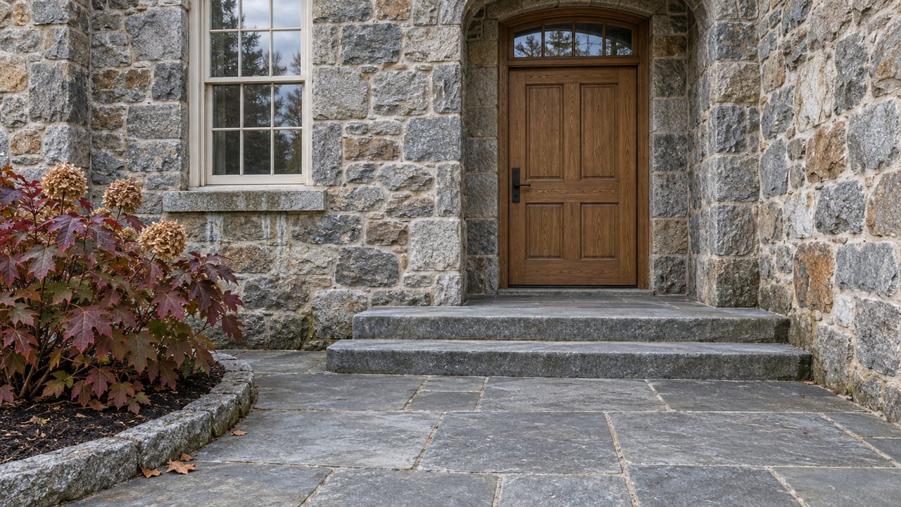 An oak entrance door and cream-painted sash window in a weathered granite facade above broad bluestone steps and a stone terrace.