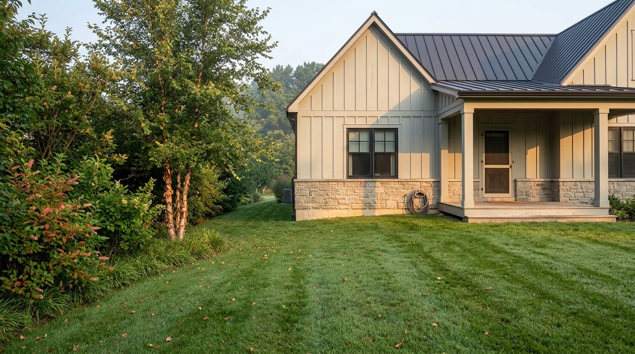 Two-story stone-and-board-and-batten home beyond a dew-damp lawn, with a covered porch and river birch.