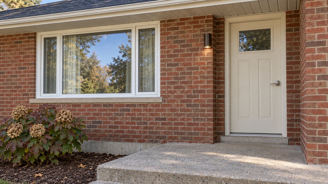 Sheltered entry of a modest brick and gray-sided home, with a cream door, picture window and autumn oakleaf hydrangea beside a concrete landing.