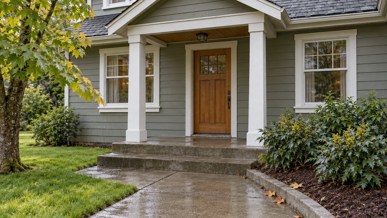 Gray-green lap-sided home with a covered timber-post entry, warm wood door, wet concrete steps and gold-green maple foliage.
