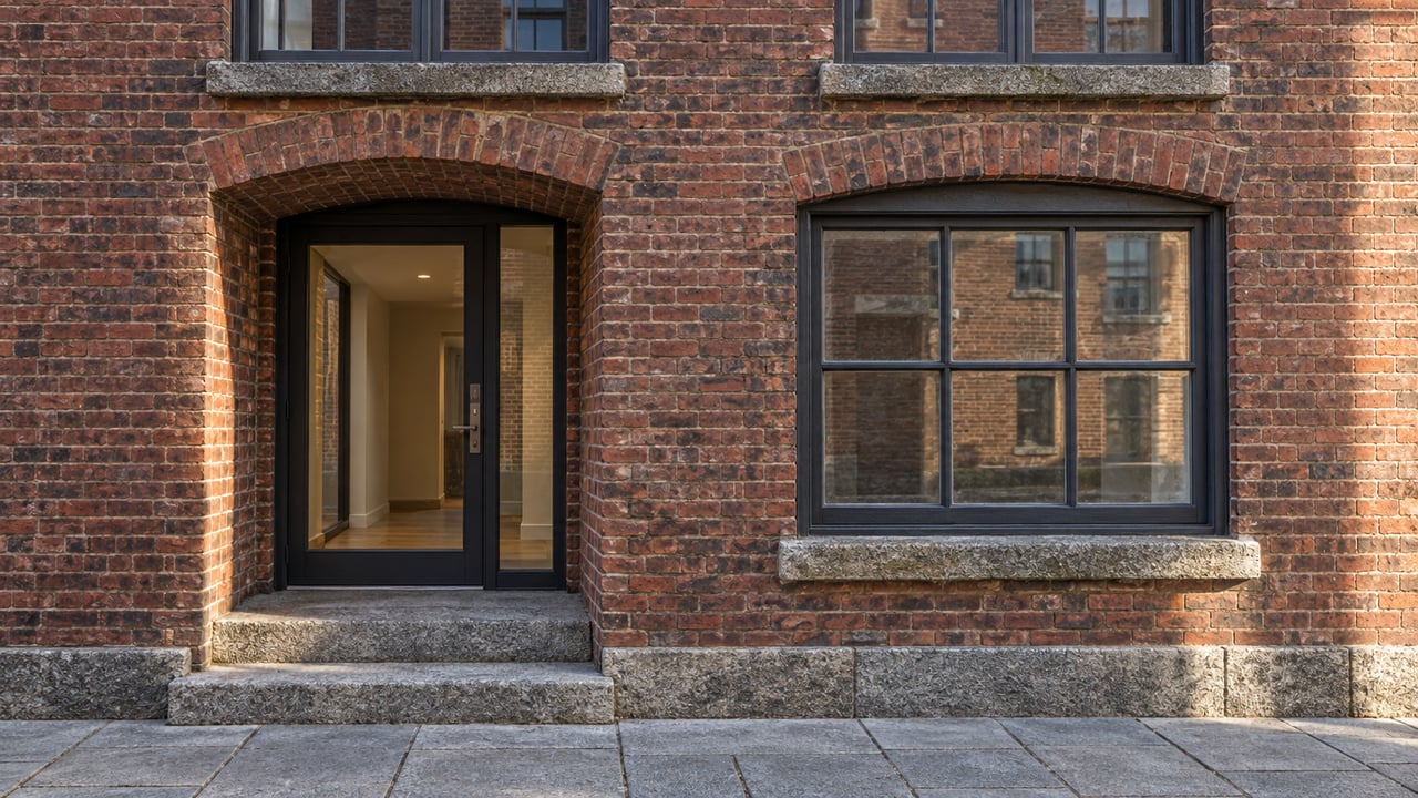 Sunlight grazes an aged red-brick condominium facade with tall windows, a recessed glazed entrance, and worn granite steps.