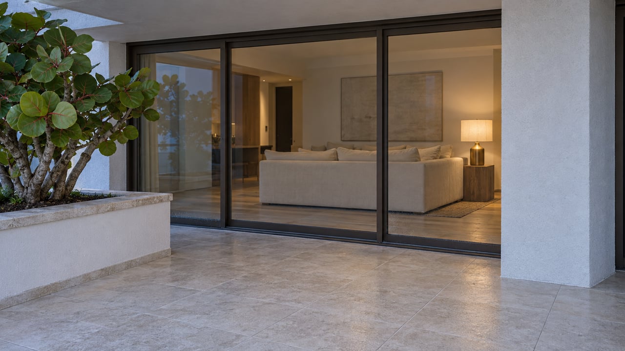Blue-hour covered terrace with pale tile, white stucco, closed bronze-framed glass doors and a sculptural sea-grape tree in a masonry planter.