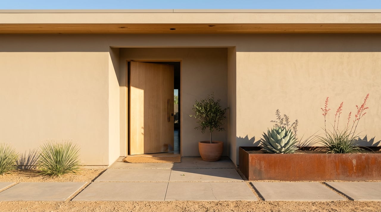 Desert-modern entry with an ajar oak door, rusted steel planter, and blue-green agave.