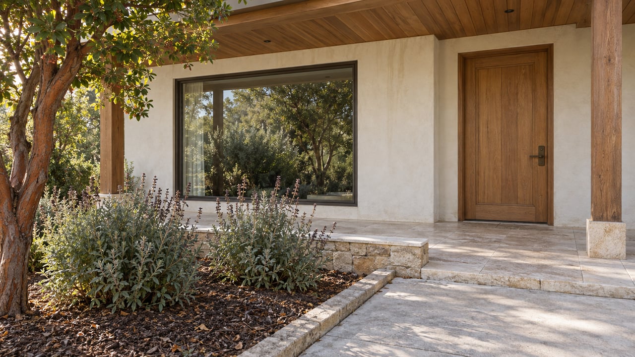 A wood-lined covered entry with an oak door, broad window, limestone terrace and a planted garden beside the approach.