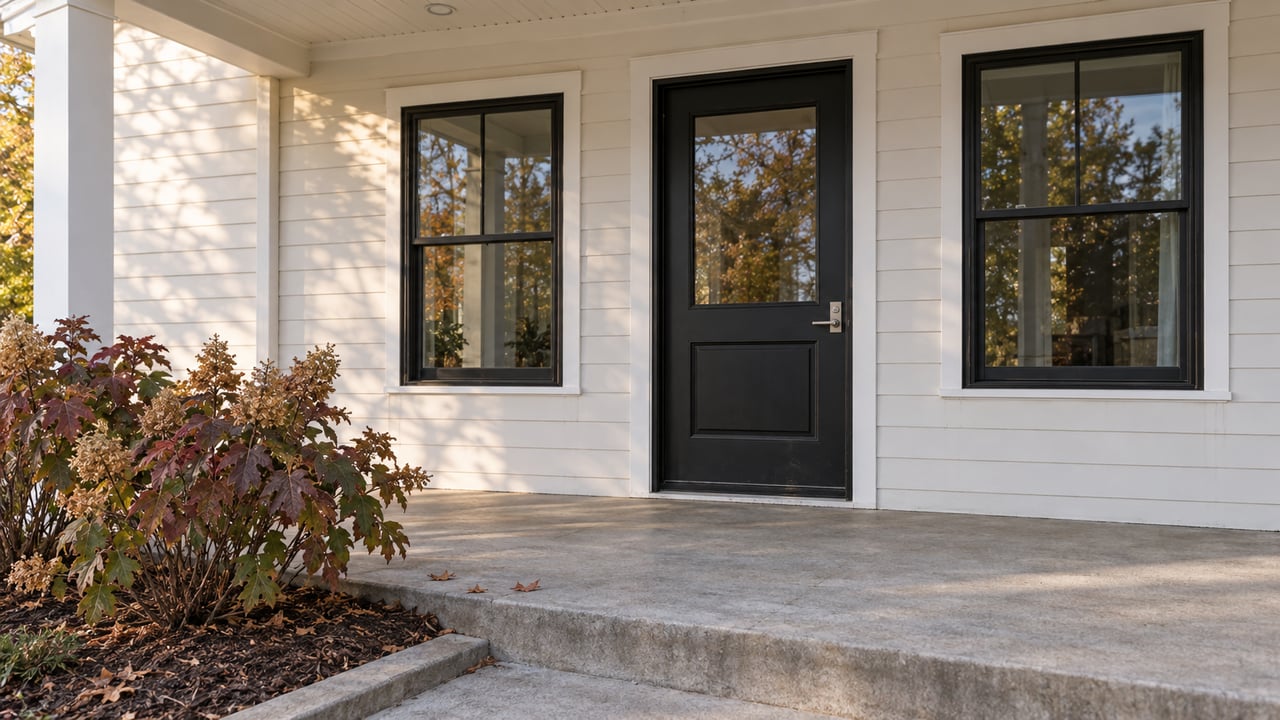 Covered front porch with warm-white siding, a black glazed door between two windows, and burgundy oakleaf hydrangeas beside a worn concrete step.