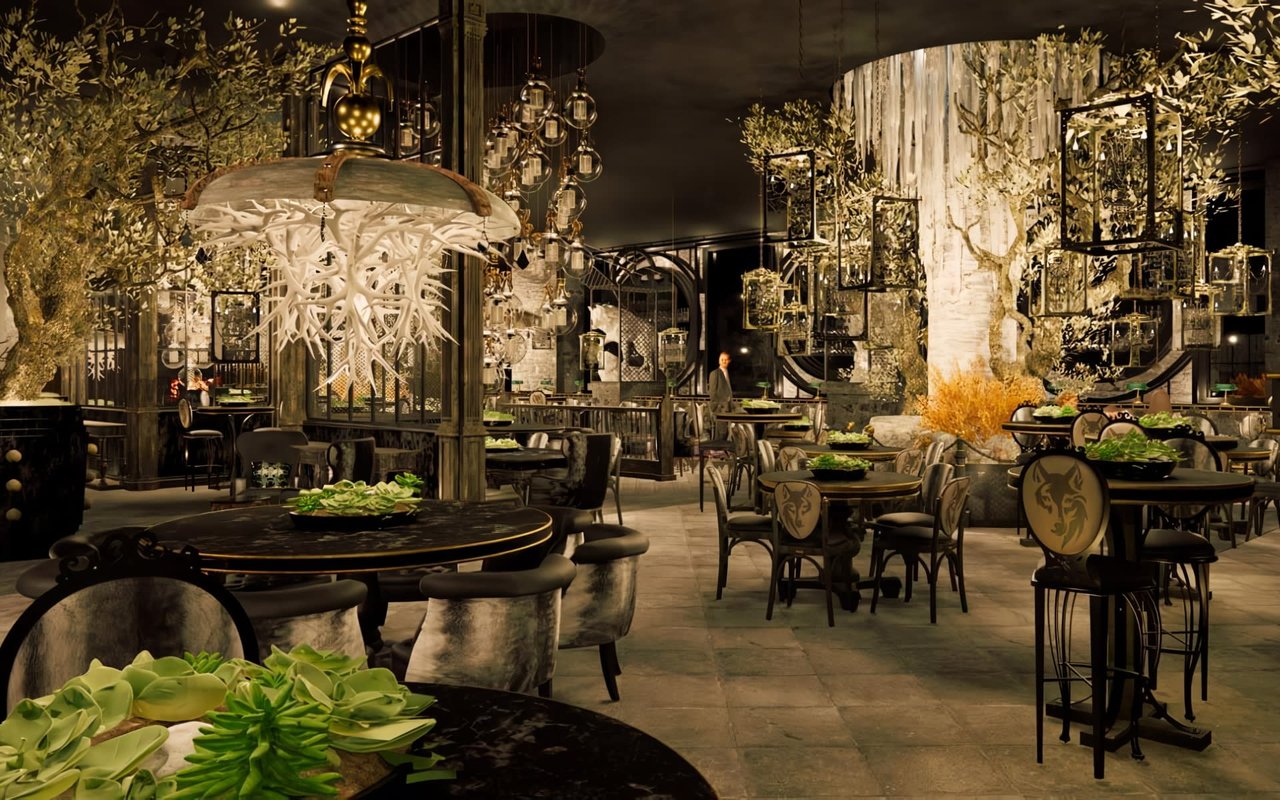 A luxurious restaurant with ornate chandeliers, dark wood, and greenery creates a dramatic atmosphere.