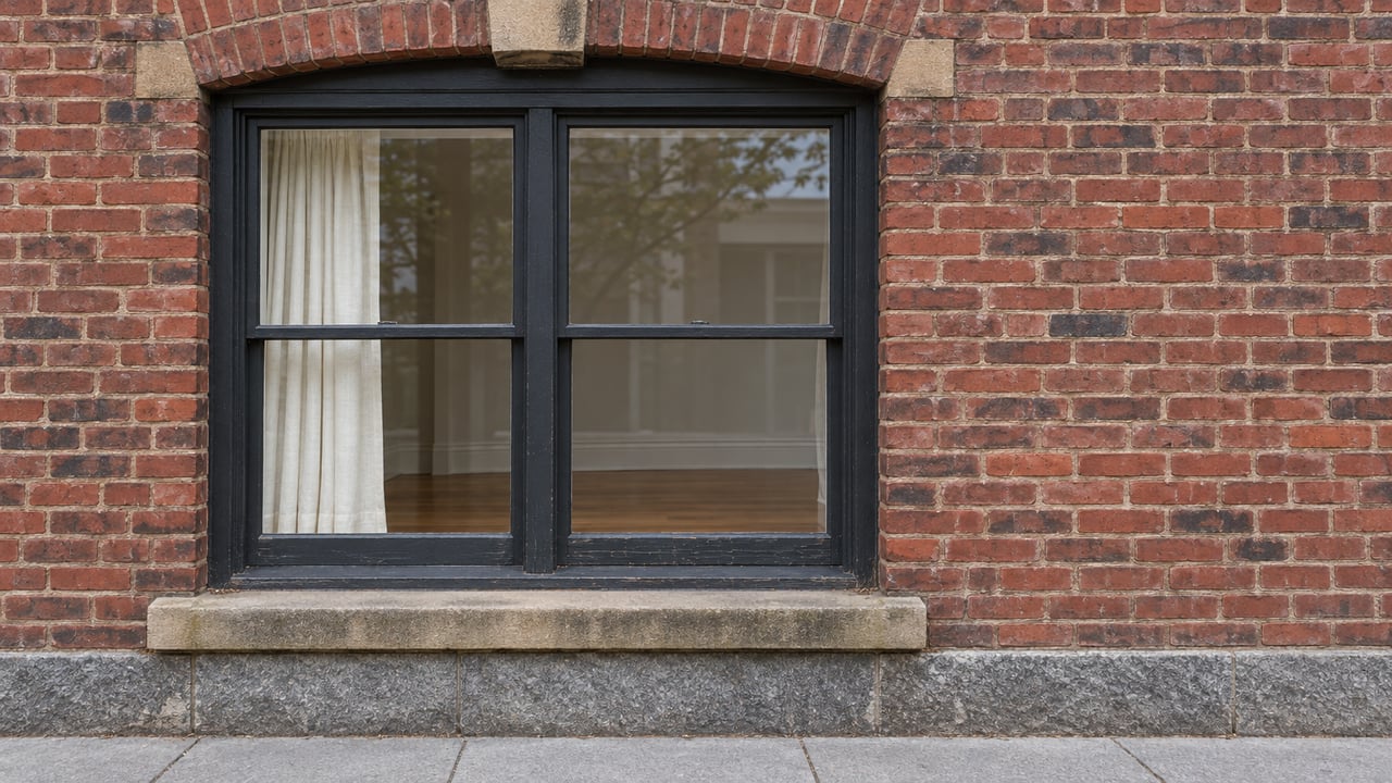 Closed timber sash window beneath a brick arch, with weathered sandstone trim and a granite base meeting the sidewalk.