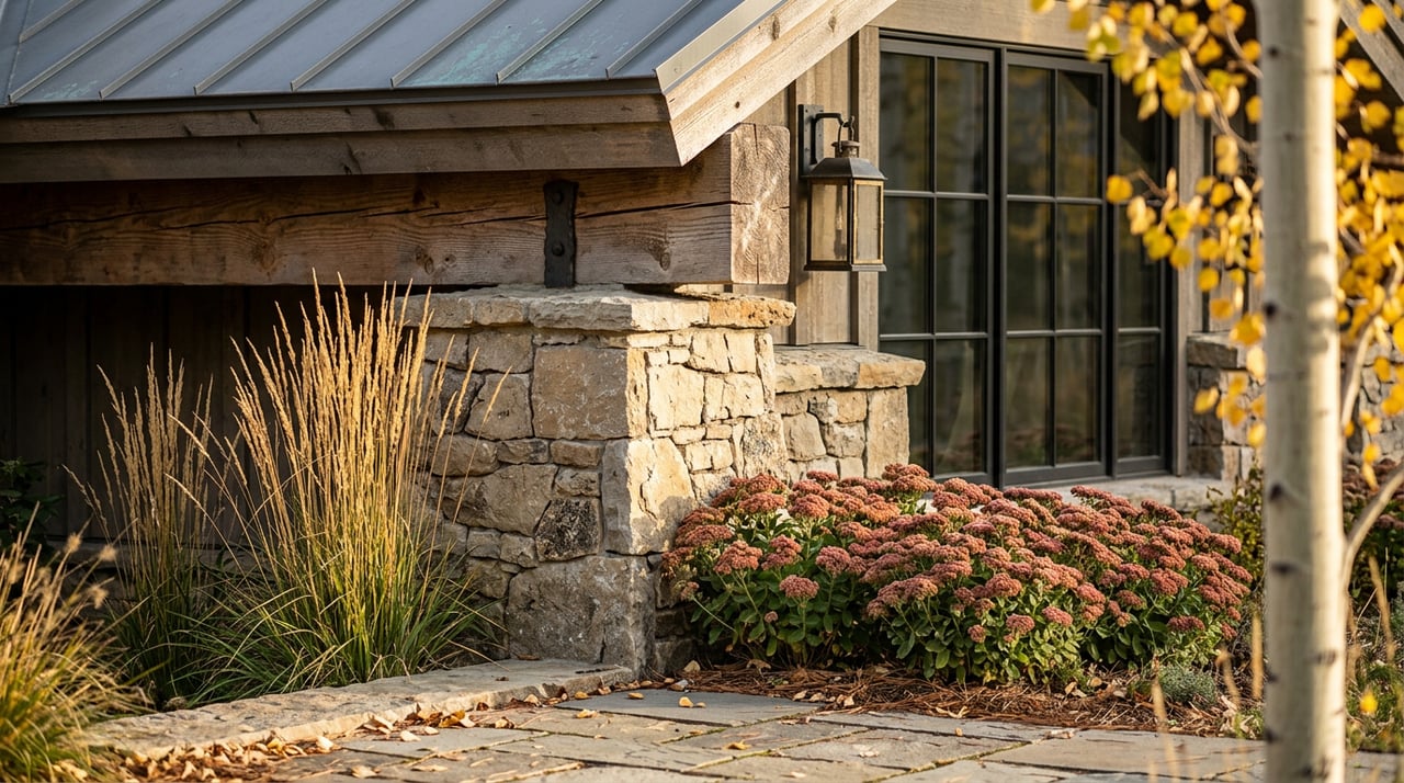 Stone entry pier beneath a timber beam with a lantern, framed by golden grass, sedum, and a backlit aspen.