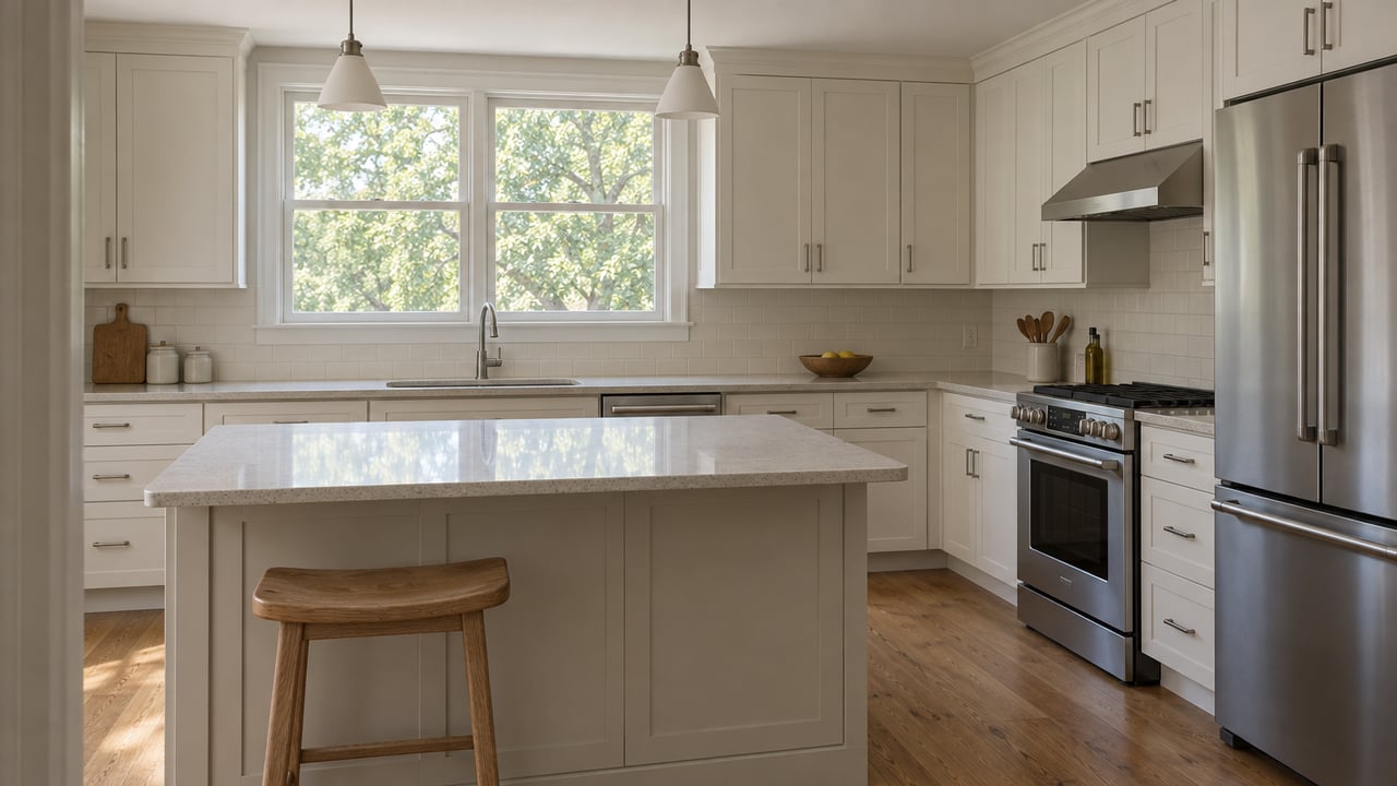 Compact white shaker kitchen with a quartz island, oak stool, and leafy tree visible through the window.