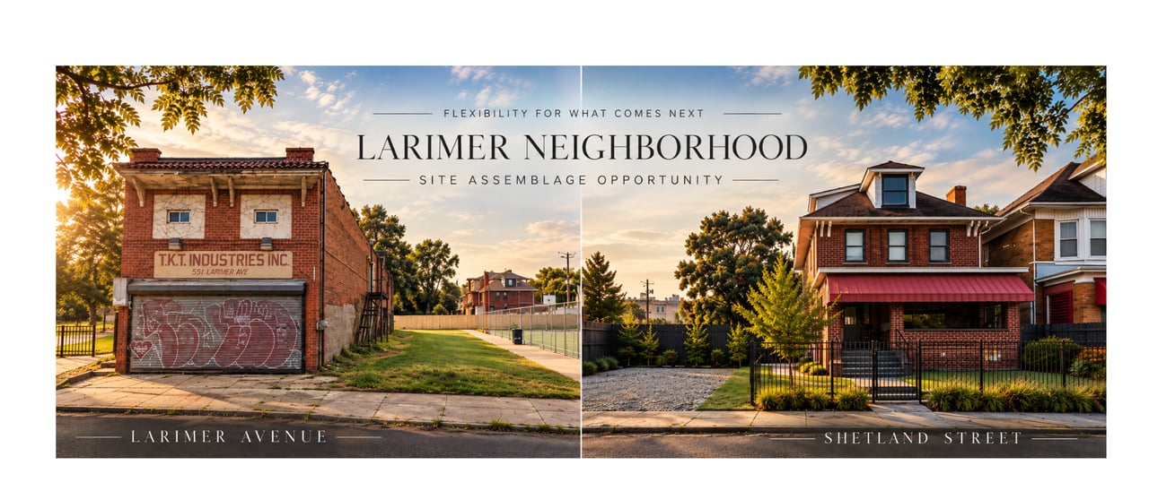Larimer neighborhood site assemblage opportunity flyer with exterior views labeled Larimer Avenue and Shetland Street.