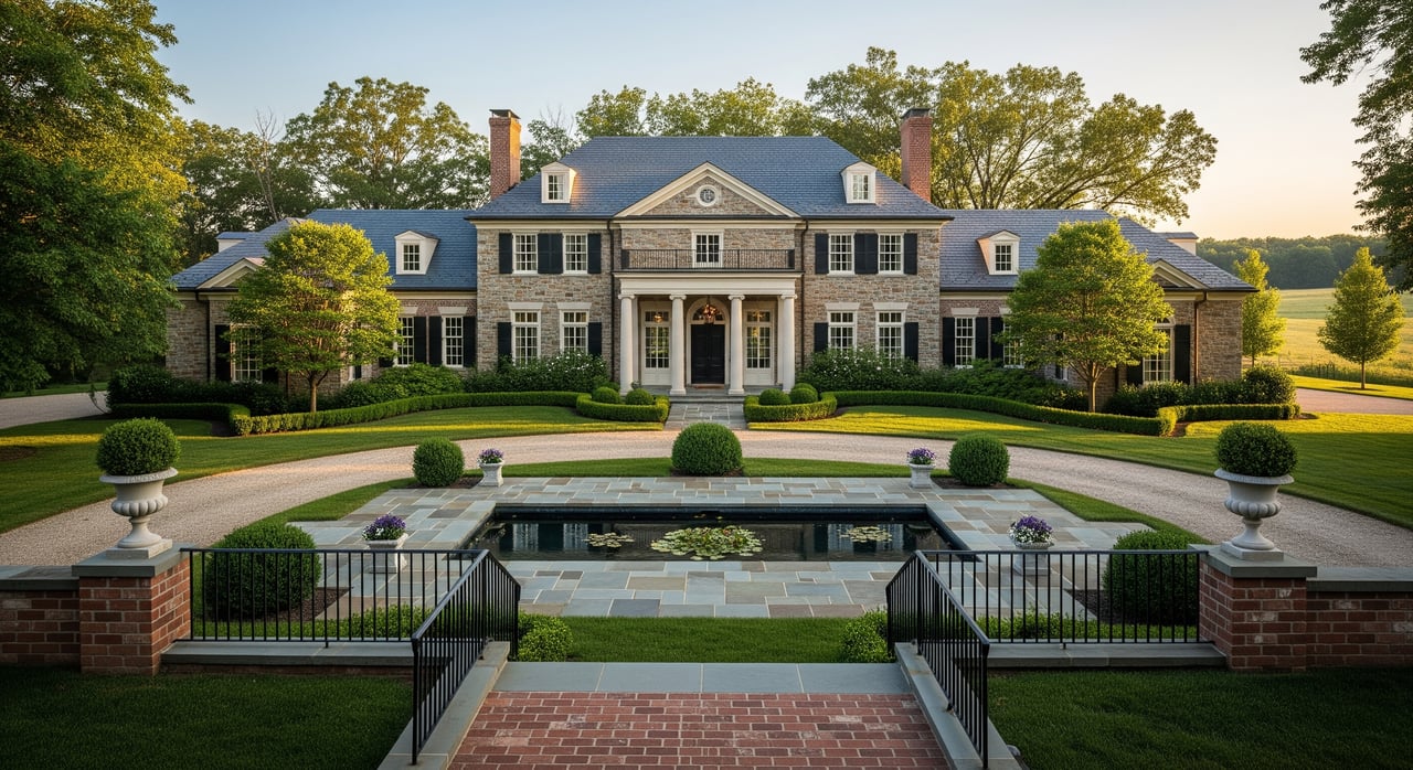 Large symmetrical stone mansion behind a reflecting pool, with formal gardens and a brick walkway.