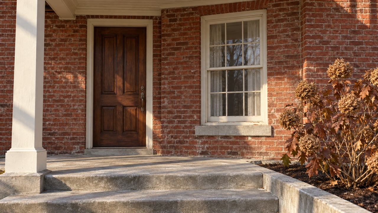 Winter morning light on a red brick home's wooden front door, cream sash window, and worn limestone porch beside an oakleaf hydrangea.