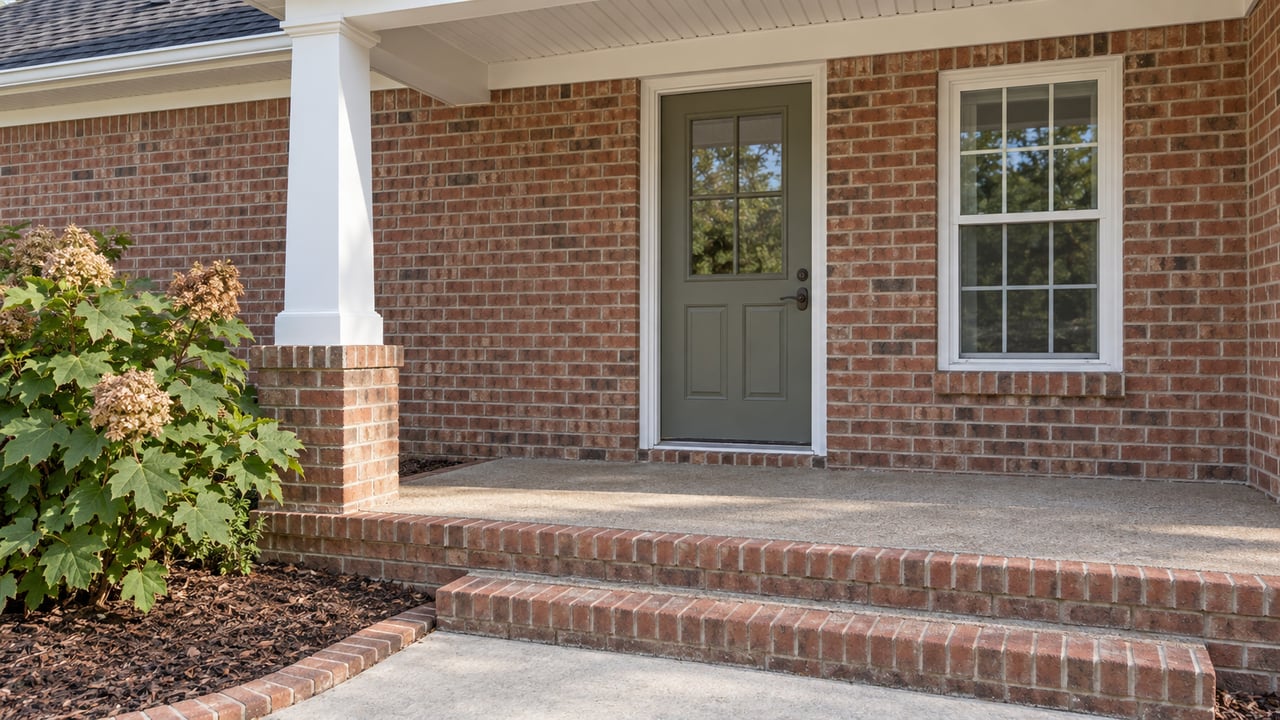 Brick home's covered entry with olive door, white porch column, brick steps and an oakleaf hydrangea.
