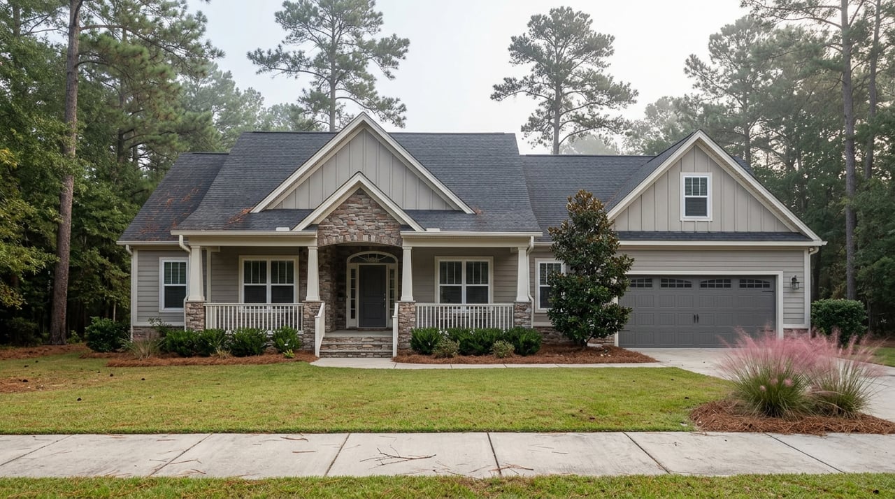 Two-story gray craftsman home with a stone porch, deep front lawn, and tall pines behind the roof.