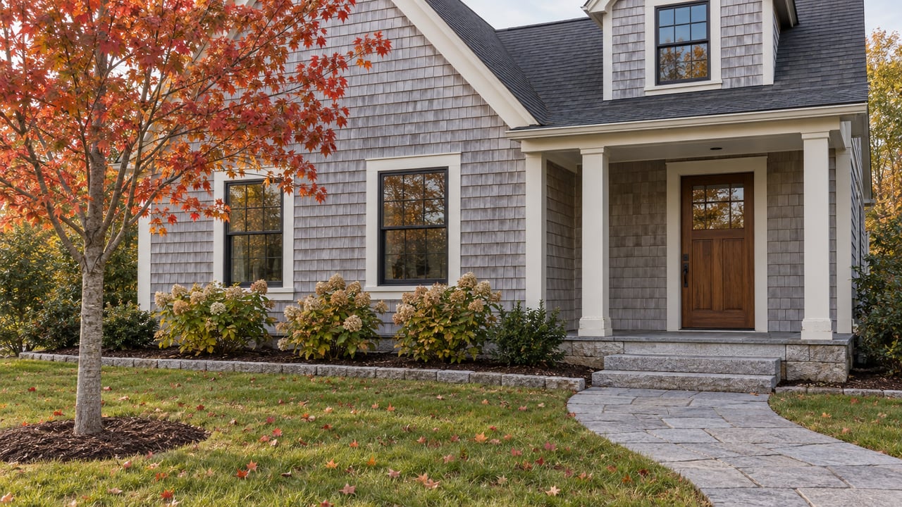 Weathered cedar-shingled home with a covered entry, granite walk, faded hydrangeas and a young red maple in autumn color.