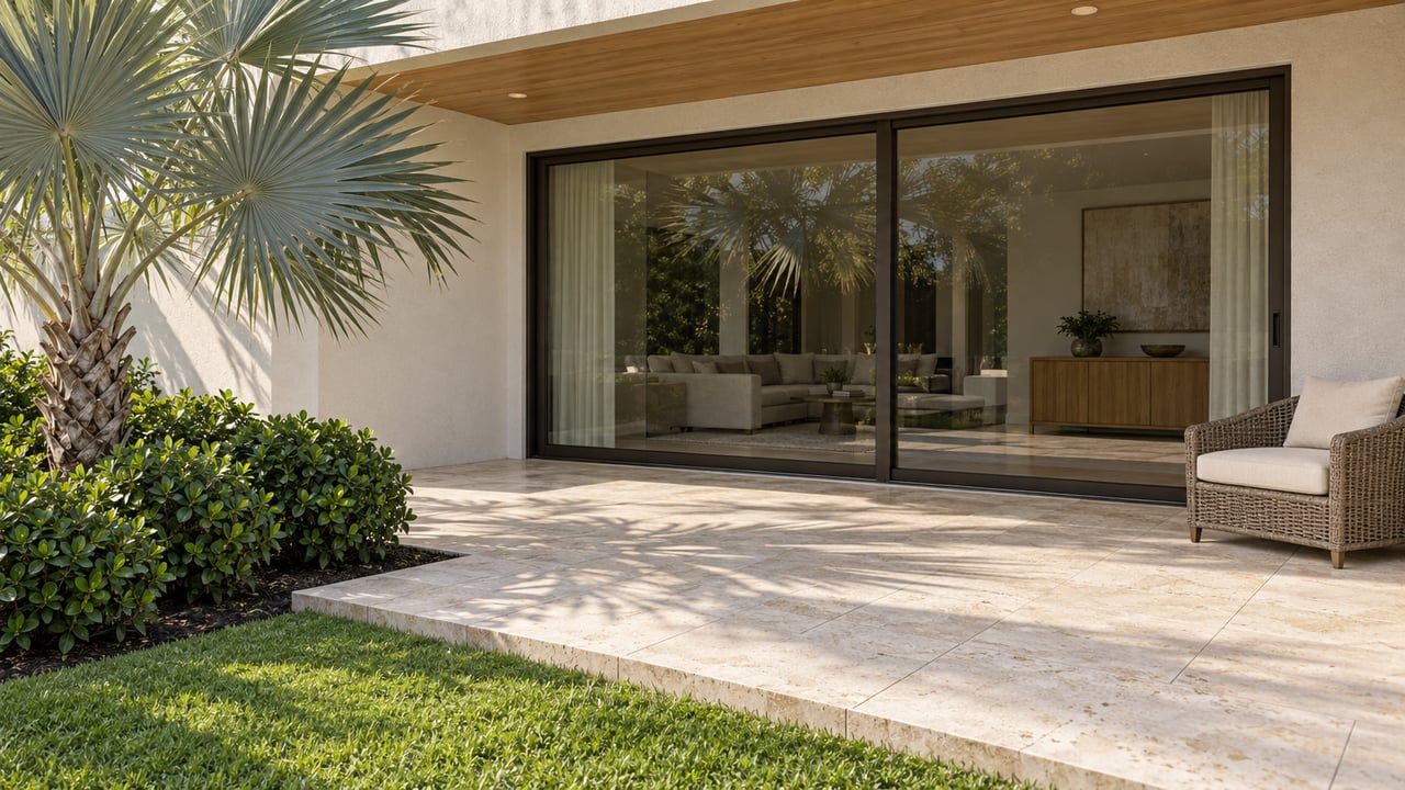 A contemporary home's limestone terrace, bronze-framed glass doors and wood soffit beside a silver thatch palm and green lawn.