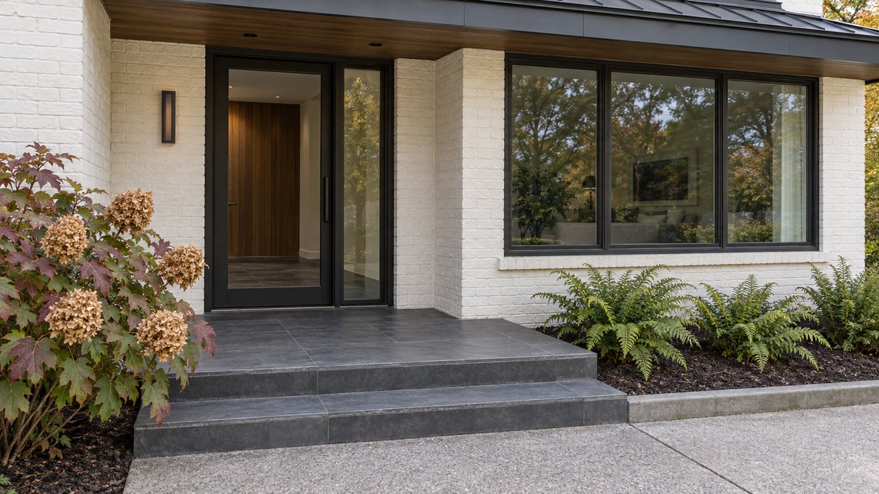 Covered entry of a contemporary white-brick home with bronze-framed glazing, charcoal steps and autumn oakleaf hydrangea.