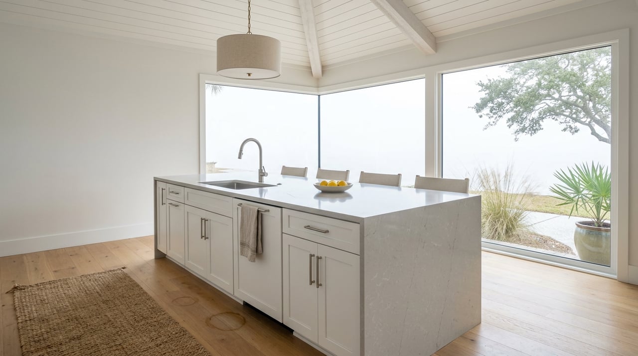 Kitchen with a quartz island holding three lemons, white cabinetry, oak floors, and glass corner.