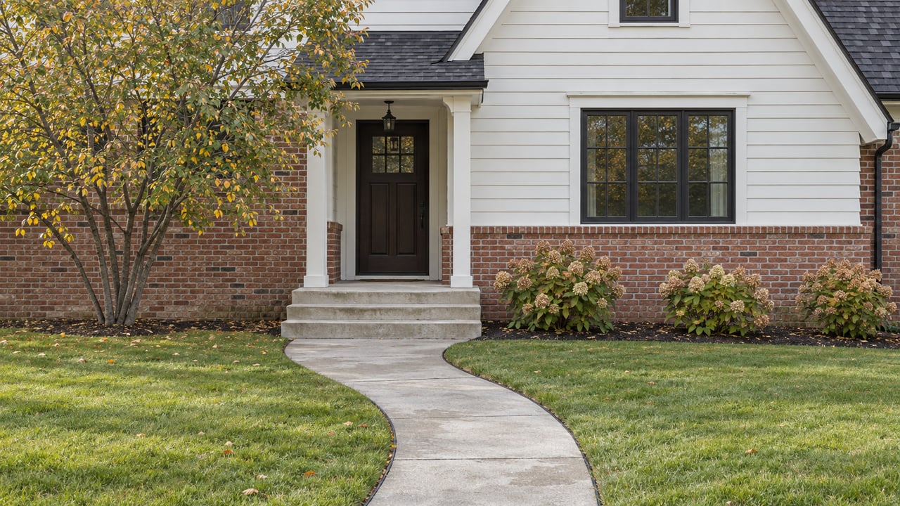 Steep-gabled house with a dark front door, limestone steps, and a curving walk across a deep lawn.
